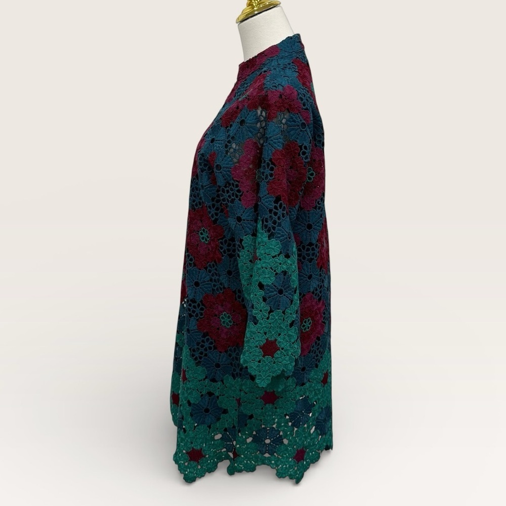 J. Marie Asher XS Floral Lace 3/4 Sleeve Kaftan Short Dress Wine/Blue/Green NWT - Picture 7 of 16